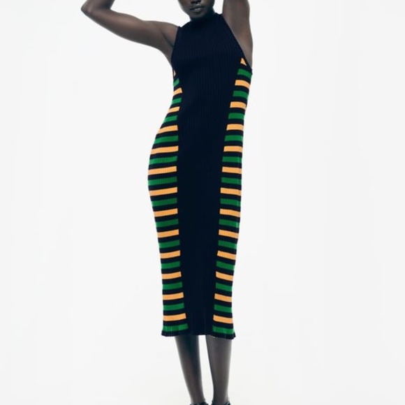 Zara striped black, green and orange ribbed sleeveless midi dress NWT - Picture 9 of 9